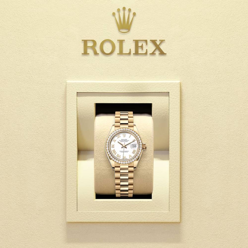 Rolex Lady-Datejust 28mm - Ref: 279138rbr-0031 - White Roman Dial & Diamond Bezel, 18K Yellow Gold Presidential Bracelet Women's Watch