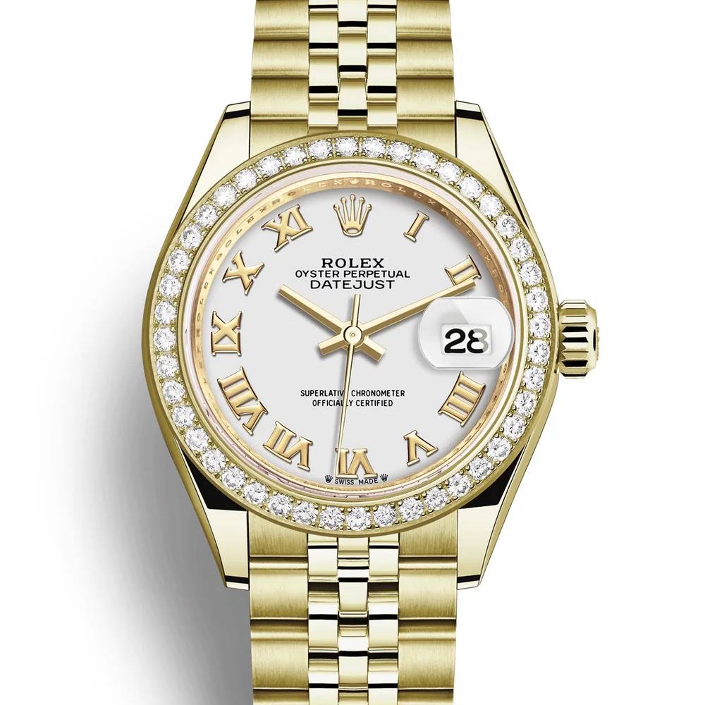 Rolex Lady-Datejust 28mm - Ref: 279138rbr-0032 - White Roman Dial & Diamond Bezel, 18K Yellow Gold Jubilee Bracelet Women's Watch