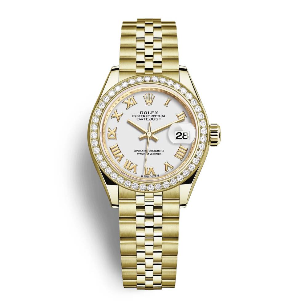 Rolex Lady-Datejust 28mm - Ref: 279138rbr-0032 - White Roman Dial & Diamond Bezel, 18K Yellow Gold Jubilee Bracelet Women's Watch