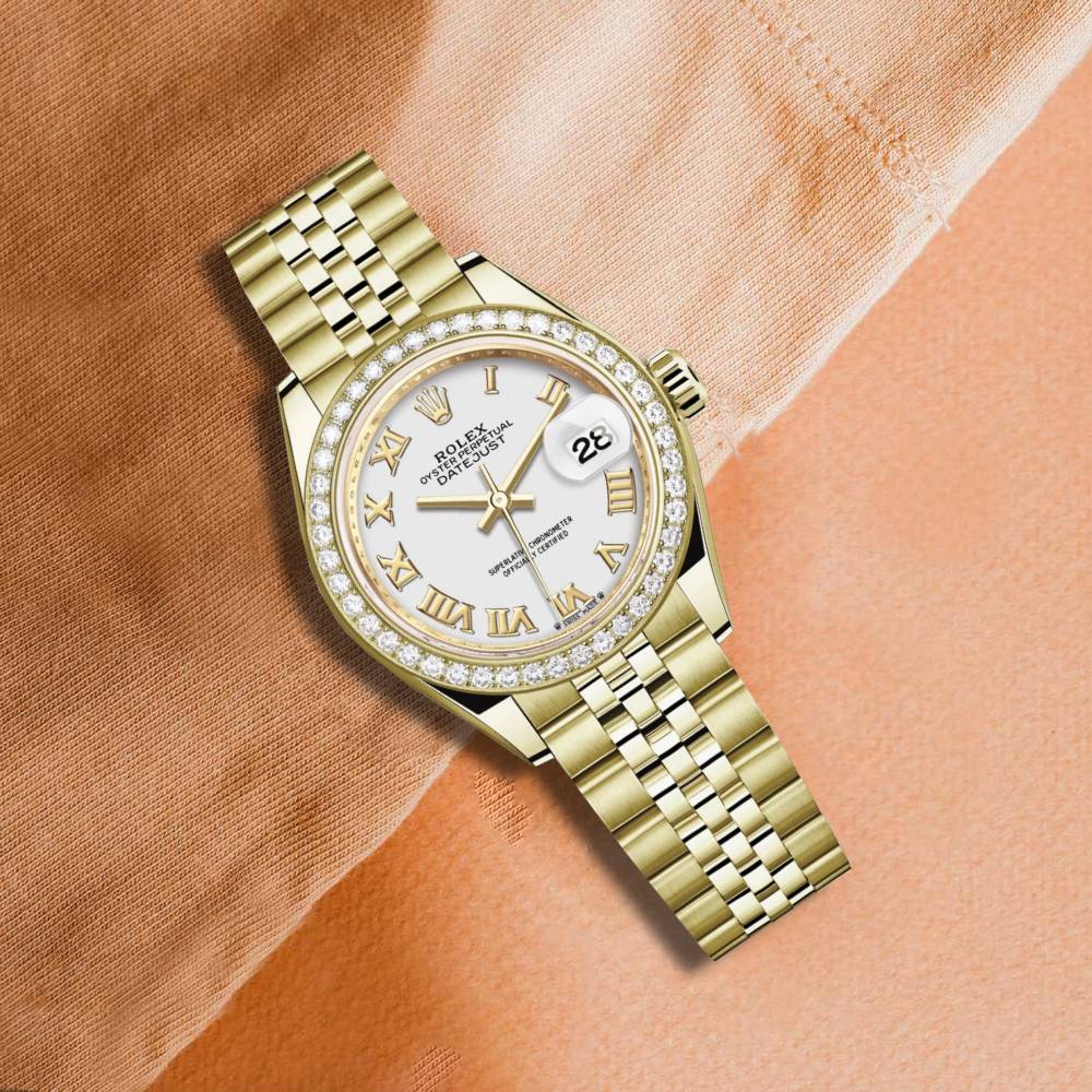 Rolex Lady-Datejust 28mm - Ref: 279138rbr-0032 - White Roman Dial & Diamond Bezel, 18K Yellow Gold Jubilee Bracelet Women's Watch