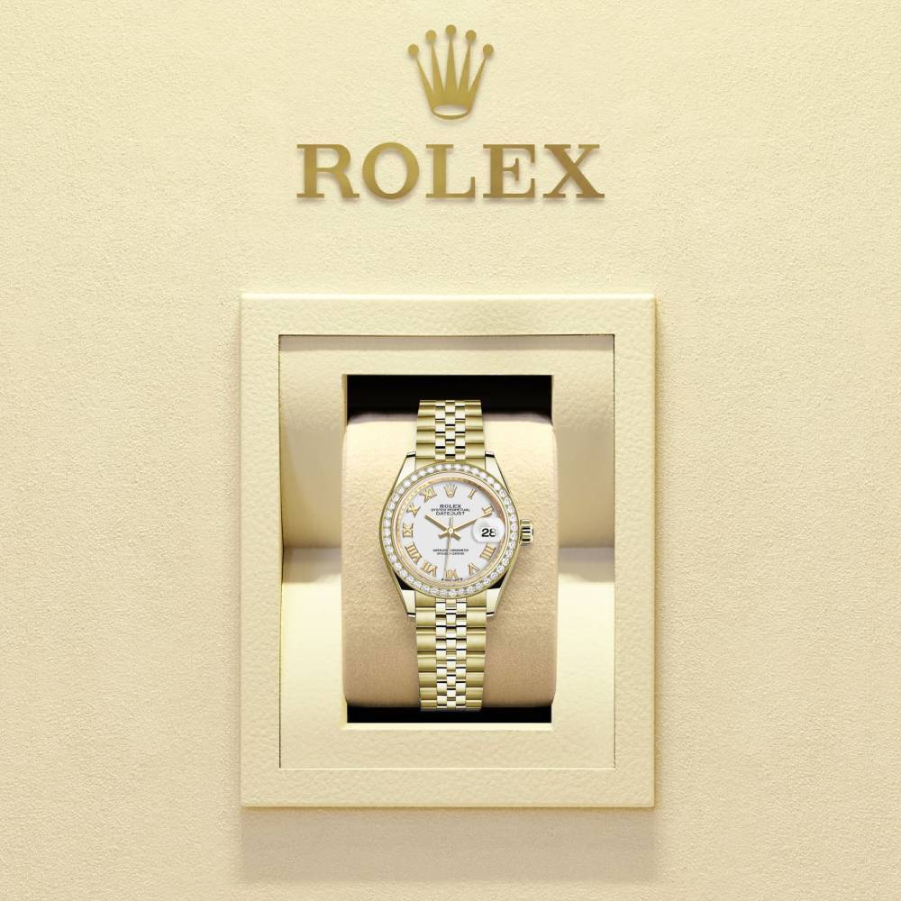 Rolex Lady-Datejust 28mm - Ref: 279138rbr-0032 - White Roman Dial & Diamond Bezel, 18K Yellow Gold Jubilee Bracelet Women's Watch