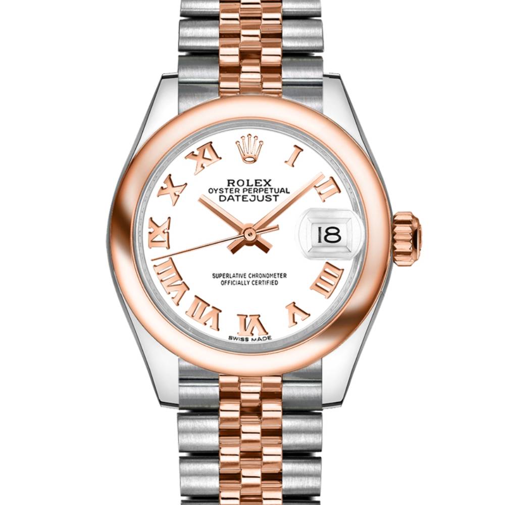 Rolex Lady-Datejust 28mm - Ref: 279161-0021 - White Roman Dial, Two Tone Stainless Steel & 18K Rose Gold Jubilee Bracelet Women's Watch