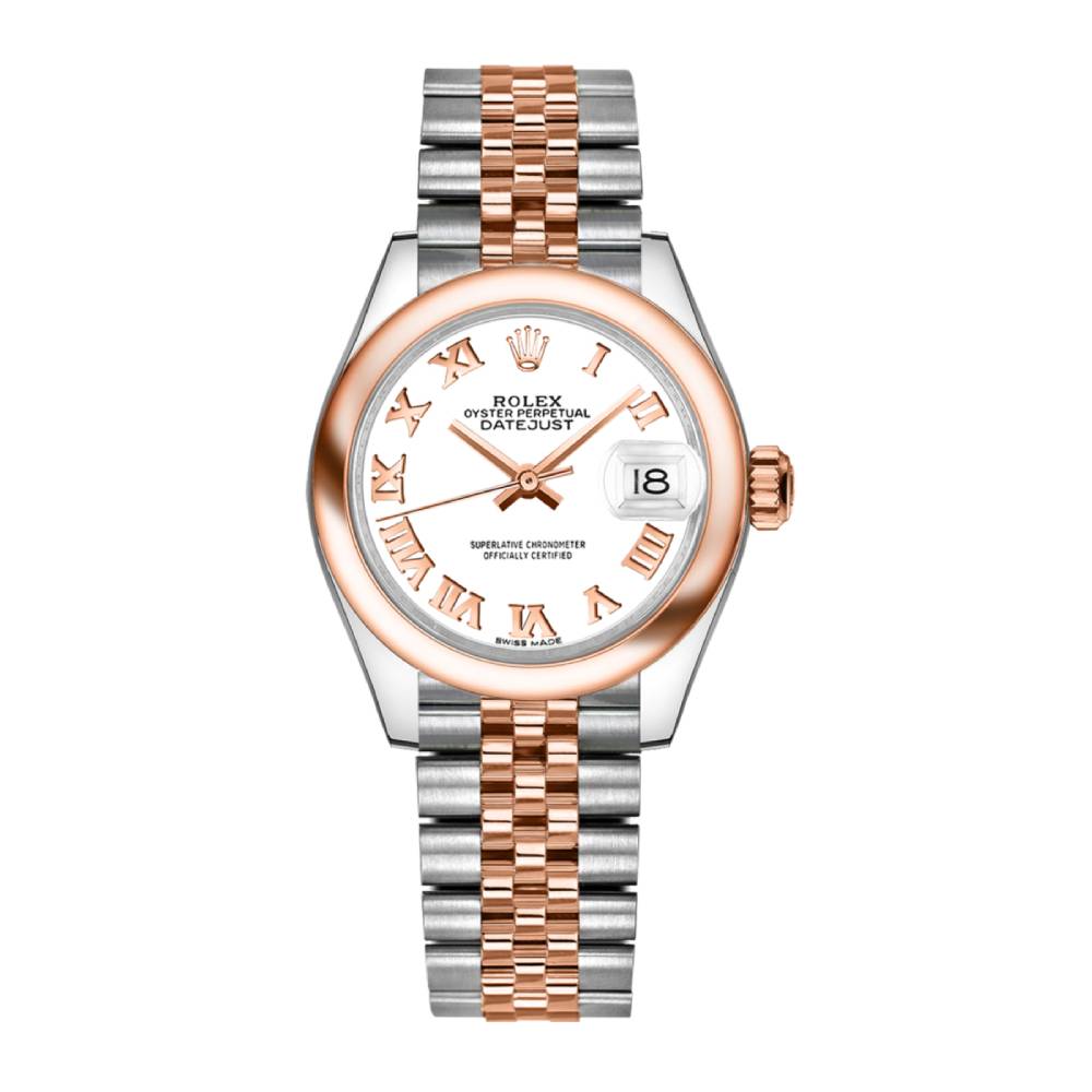 Rolex Lady-Datejust 28mm - Ref: 279161-0021 - White Roman Dial, Two Tone Stainless Steel & 18K Rose Gold Jubilee Bracelet Women's Watch