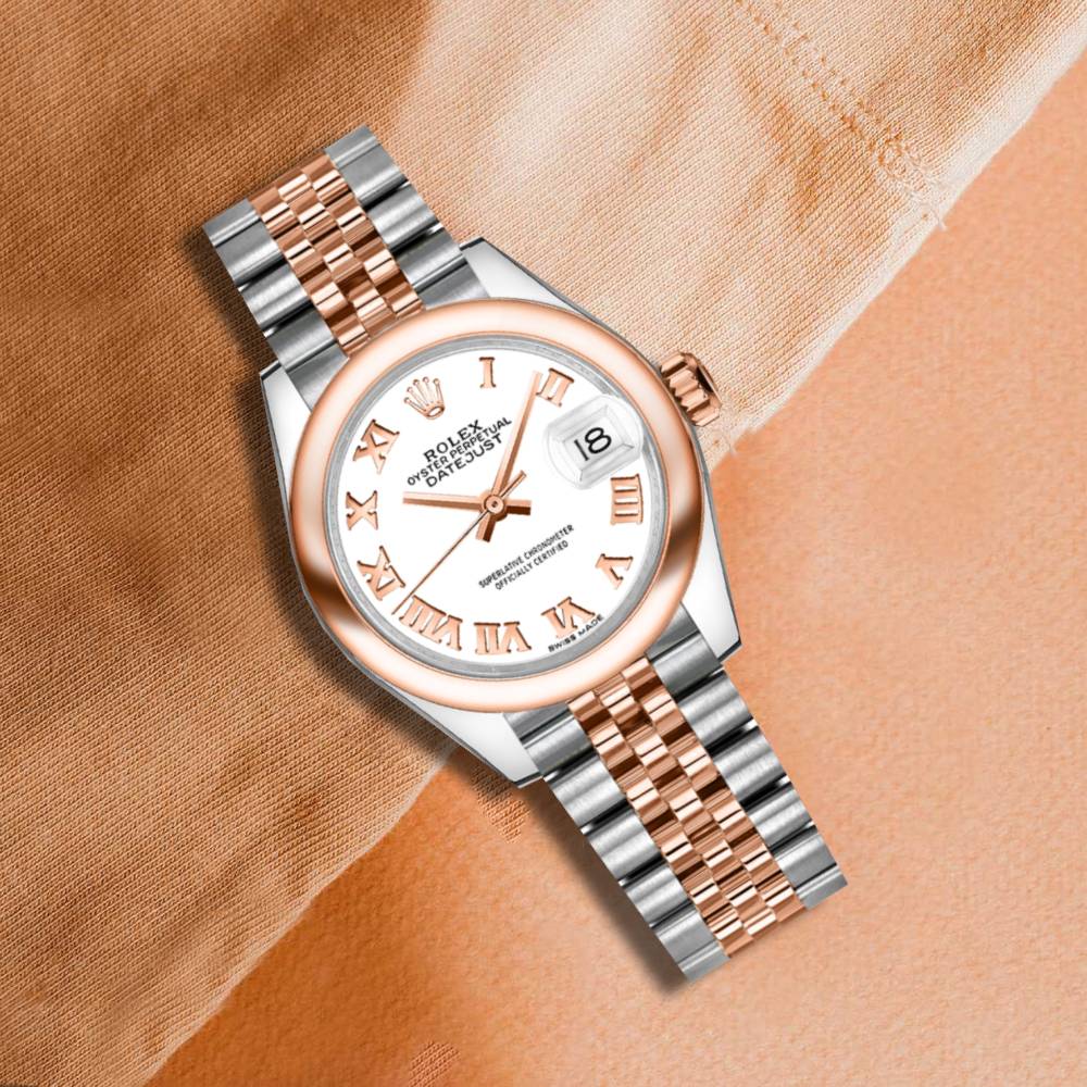 Rolex Lady-Datejust 28mm - Ref: 279161-0021 - White Roman Dial, Two Tone Stainless Steel & 18K Rose Gold Jubilee Bracelet Women's Watch