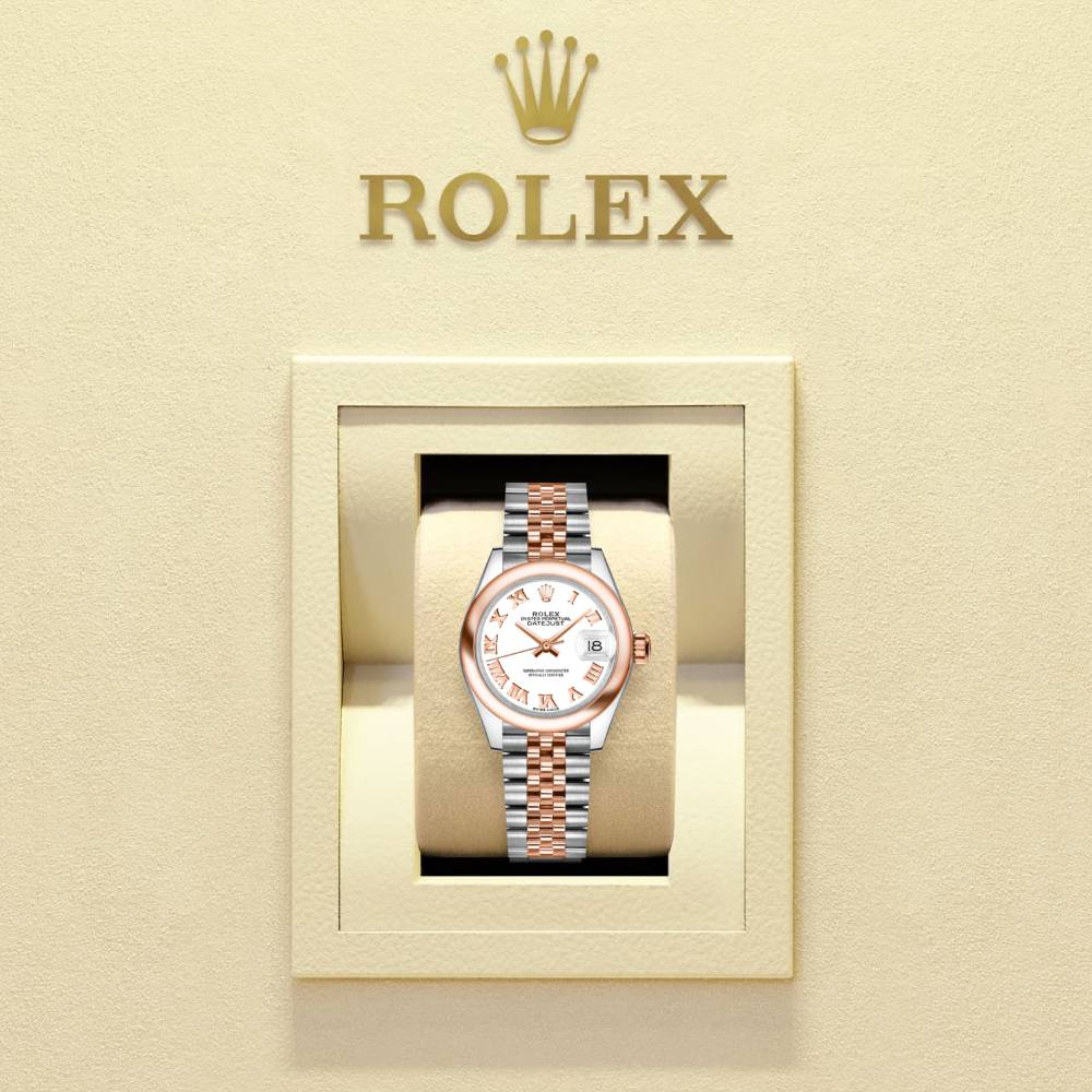 Rolex Lady-Datejust 28mm - Ref: 279161-0021 - White Roman Dial, Two Tone Stainless Steel & 18K Rose Gold Jubilee Bracelet Women's Watch