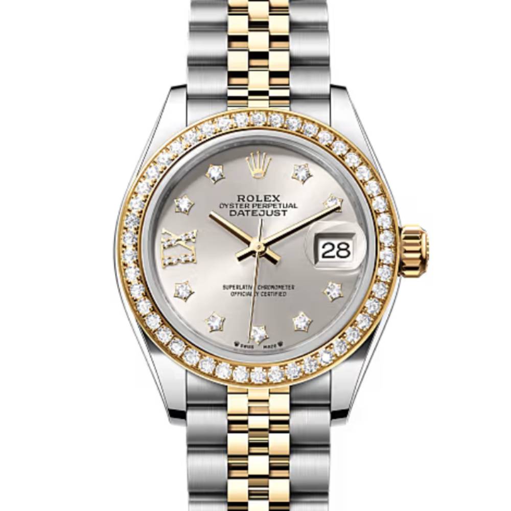 Rolex Lady-Datejust 28mm - Ref: 279383rbr-0003 - Silver Diamond Dial & Diamond Bezel, Two Tone Stainless Steel & 18K Yellow Gold Jubilee Bracelet Women's Watch