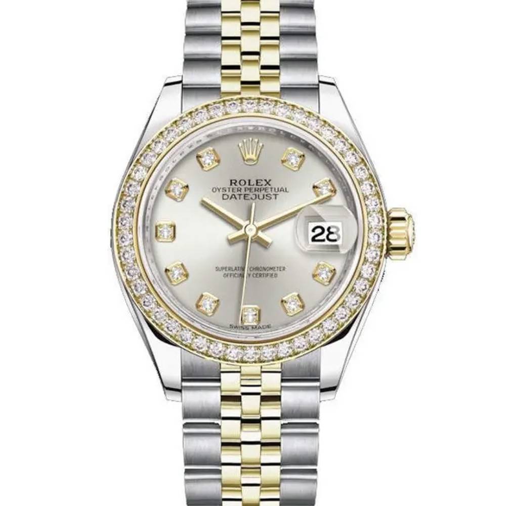 Rolex Lady-Datejust 28mm - Ref: 279383rbr-0007 - Silver Diamond Dial & Diamond Bezel, Two Tone Stainless Steel & 18K Yellow Gold Jubilee Bracelet Women's Watch
