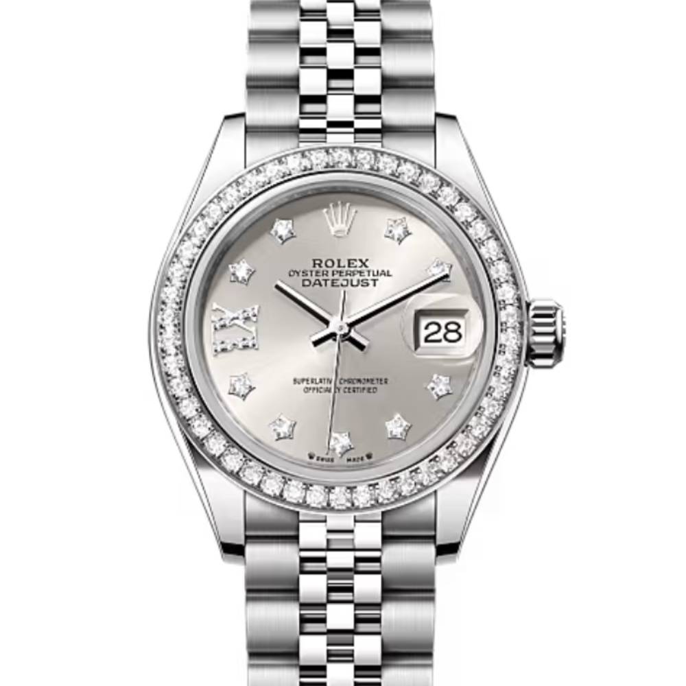 Rolex Lady-Datejust 28mm - Ref: 279384rbr-0021 - Silver Diamond Dial & Diamond Bezel, Stainless Steel Jubilee Bracelet Women's Watch