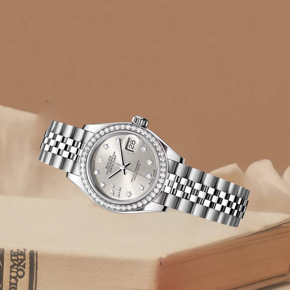 Rolex Lady-Datejust 28mm - Ref: 279384rbr-0021 - Silver Diamond Dial & Diamond Bezel, Stainless Steel Jubilee Bracelet Women's Watch