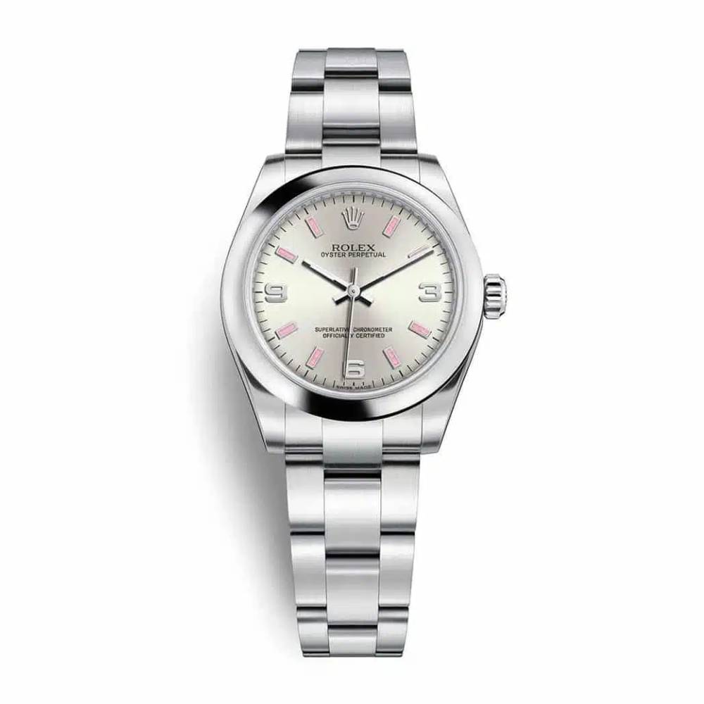 Rolex Oyster Perpetual 31mm - Ref: 177200-0009 - Silver Dial With Pink Index& Arabic Numerals Stainless Steel Oyster Bracelet Watch