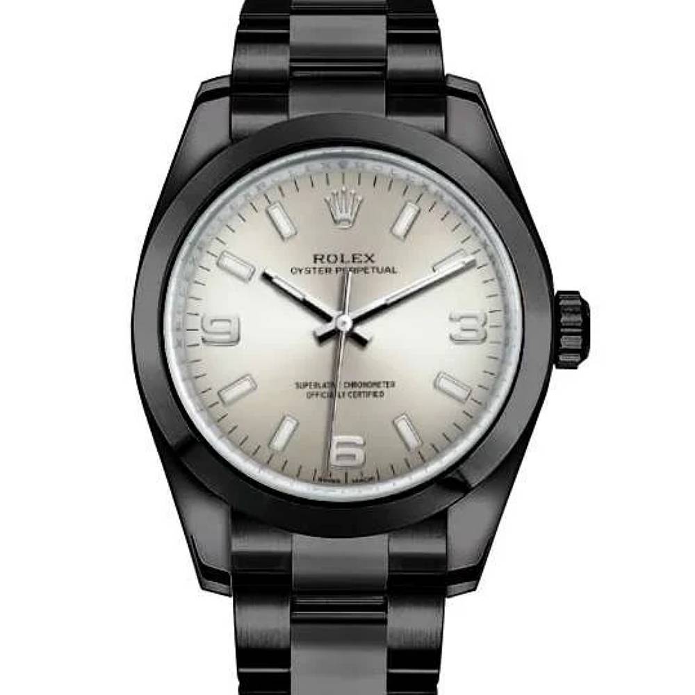 Rolex Oyster Perpetual 34mm - Ref: 114200-0019-pvd - Silver Stick Dial, Black PVD Stainless Steel Oyster Bracelet Watch