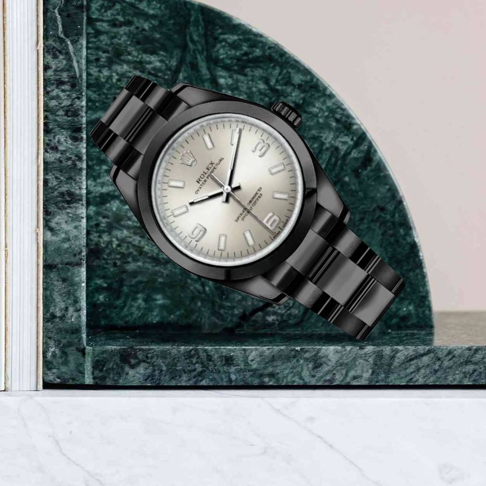 Rolex Oyster Perpetual 34mm - Ref: 114200-0019-pvd - Silver Stick Dial, Black PVD Stainless Steel Oyster Bracelet Watch