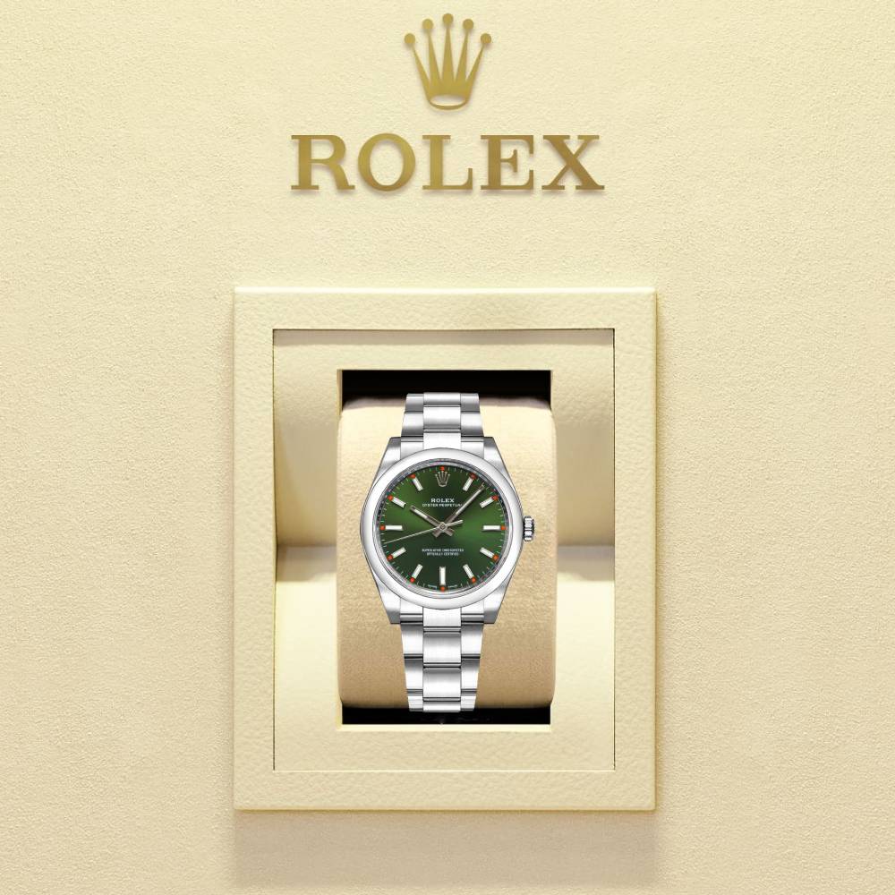 Rolex Oyster Perpetual 34mm - Ref: 114200-0021 - Olive Green Stick Dial, Stainless Steel Oyster Bracelet Watch