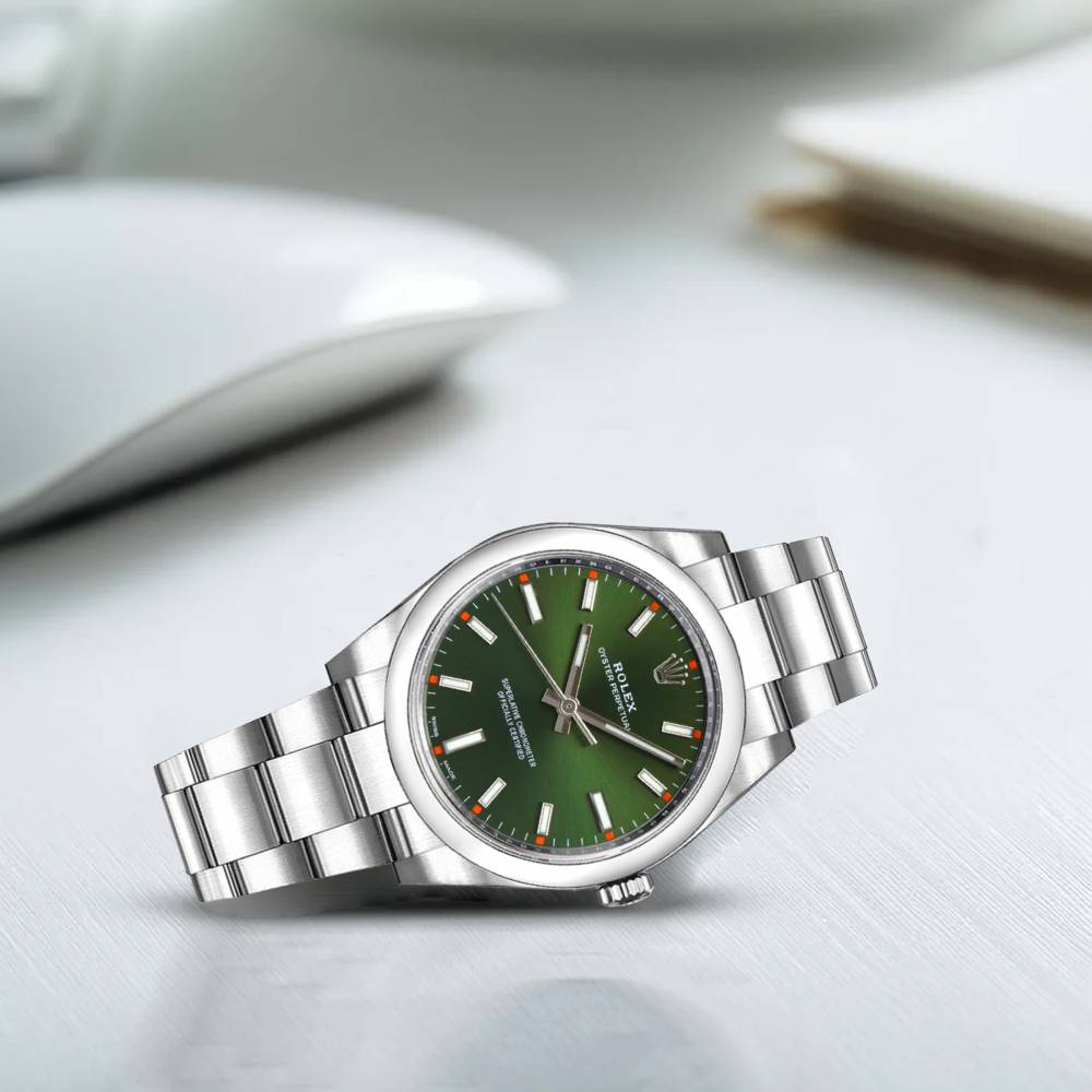 Rolex Oyster Perpetual 34mm - Ref: 114200-0021 - Olive Green Stick Dial, Stainless Steel Oyster Bracelet Watch