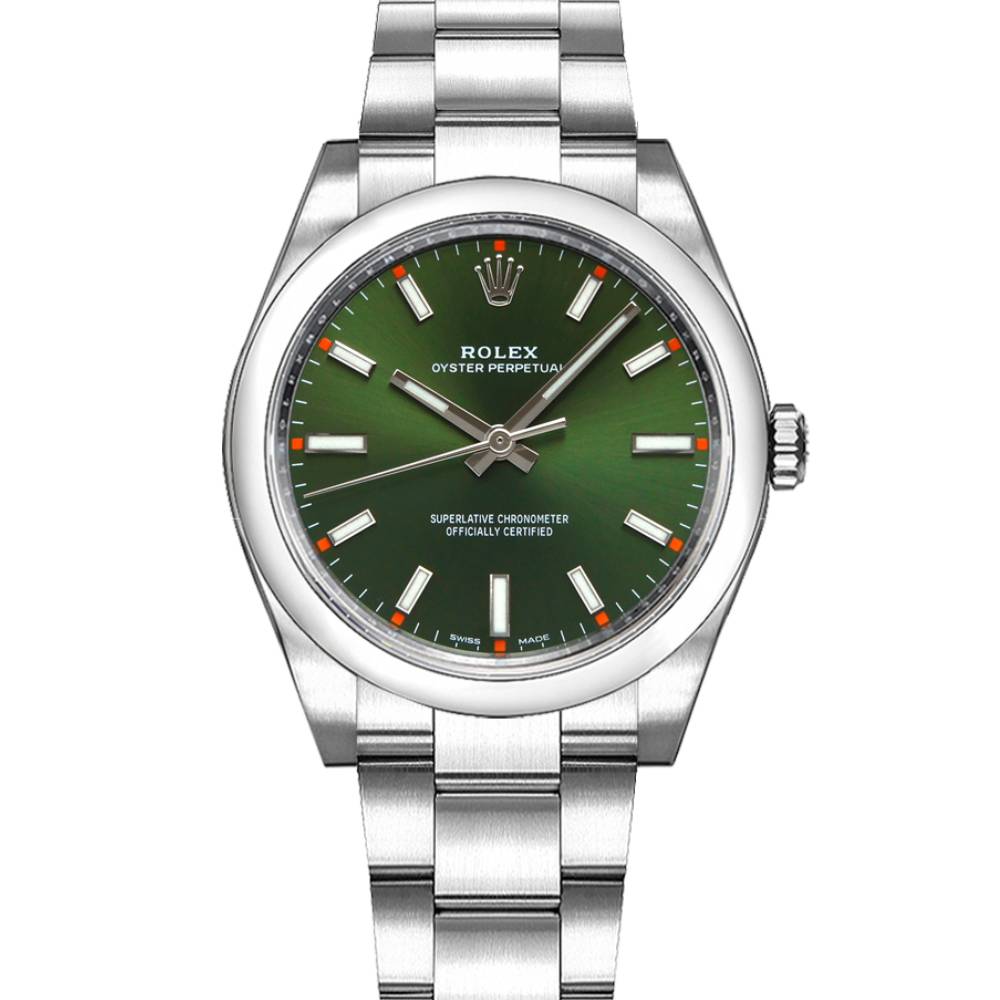 Rolex Oyster Perpetual 34mm - Ref: 114200-0021 - Olive Green Stick Dial, Stainless Steel Oyster Bracelet Watch