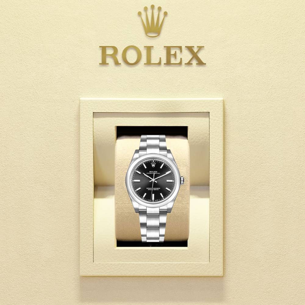 Rolex Oyster Perpetual 34mm - Ref: 114200-0023 - Black Stick Dial, Stainless Steel Oyster Bracelet Watch