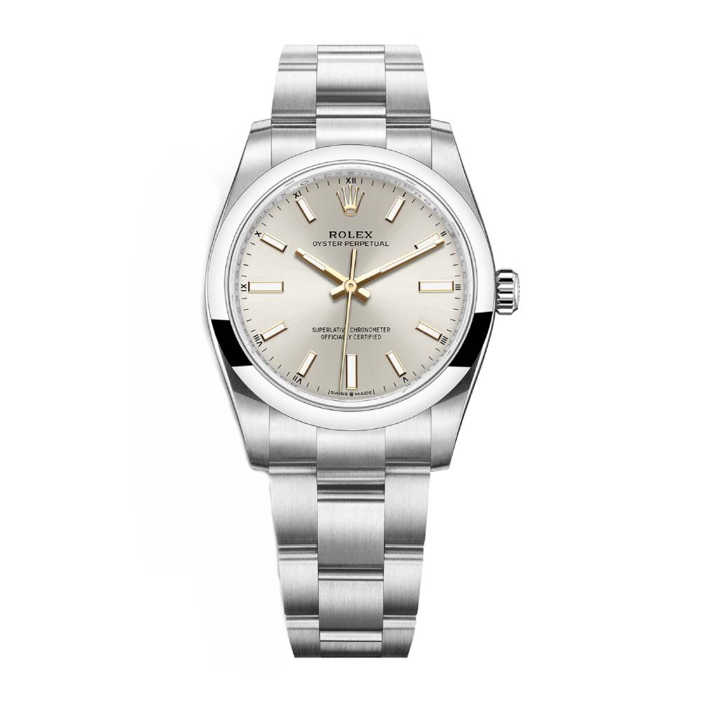 Rolex Oyster Perpetual 34mm - Ref: 124200-0001 - Silver Stick Dial, Stainless Steel Oyster Bracelet Watch