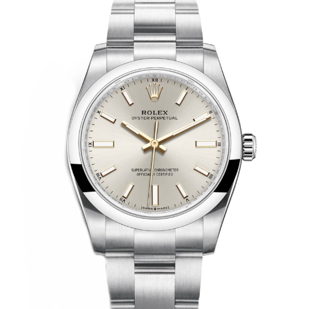 Rolex Oyster Perpetual 34mm - Ref: 124200-0001 - Silver Stick Dial, Stainless Steel Oyster Bracelet Watch