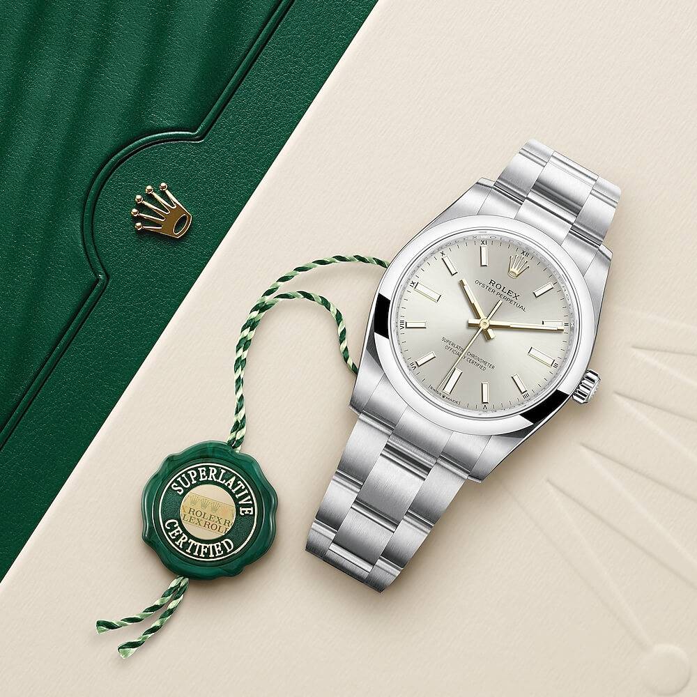 Rolex Oyster Perpetual 34mm - Ref: 124200-0001 - Silver Stick Dial, Stainless Steel Oyster Bracelet Watch