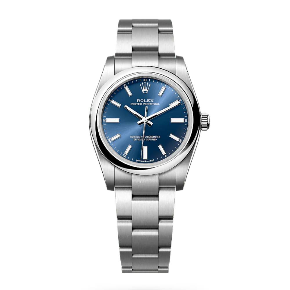 Rolex Oyster Perpetual 34mm - Ref: 124200-0003 - Bright Blue Stick Dial, Stainless Steel Oyster Bracelet Watch