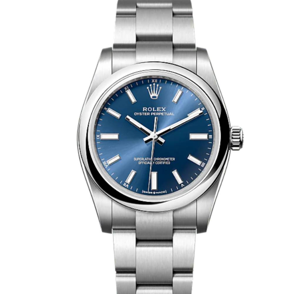 Rolex Oyster Perpetual 34mm - Ref: 124200-0003 - Bright Blue Stick Dial, Stainless Steel Oyster Bracelet Watch