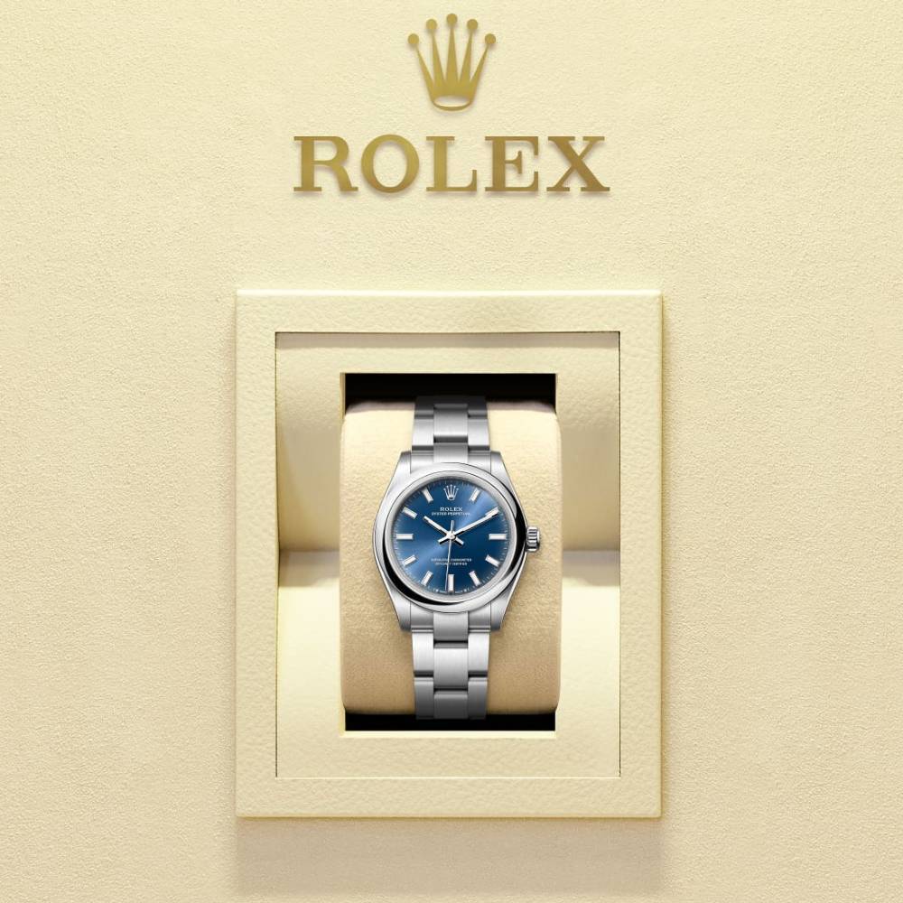 Rolex Oyster Perpetual 34mm - Ref: 124200-0003 - Bright Blue Stick Dial, Stainless Steel Oyster Bracelet Watch