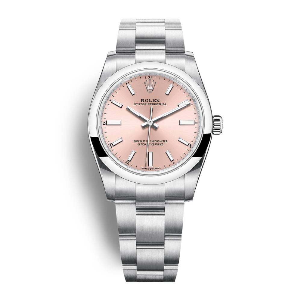 Rolex Oyster Perpetual 34mm - Ref: 124200-0004 - Pink Stick Dial, Stainless Steel Oyster Bracelet Watch