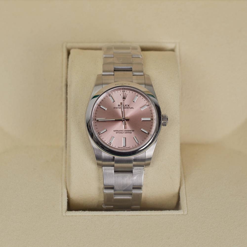 Rolex Oyster Perpetual 34mm - Ref: 124200-0004 - Pink Stick Dial, Stainless Steel Oyster Bracelet Watch