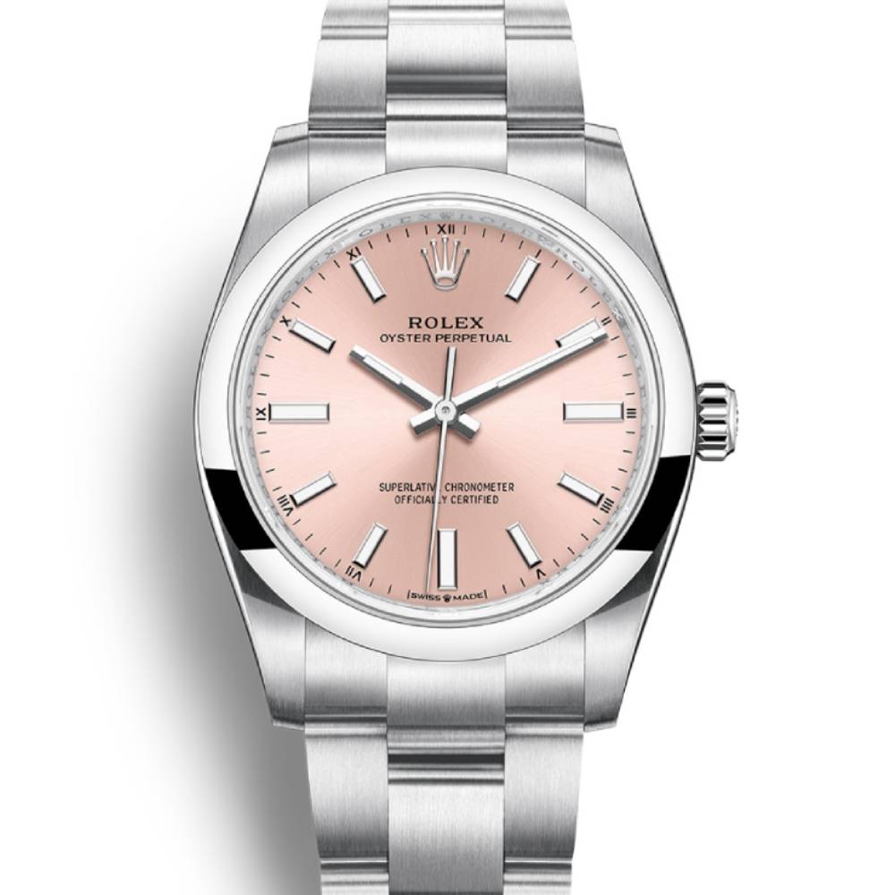 Rolex Oyster Perpetual 34mm - Ref: 124200-0004 - Pink Stick Dial, Stainless Steel Oyster Bracelet Watch