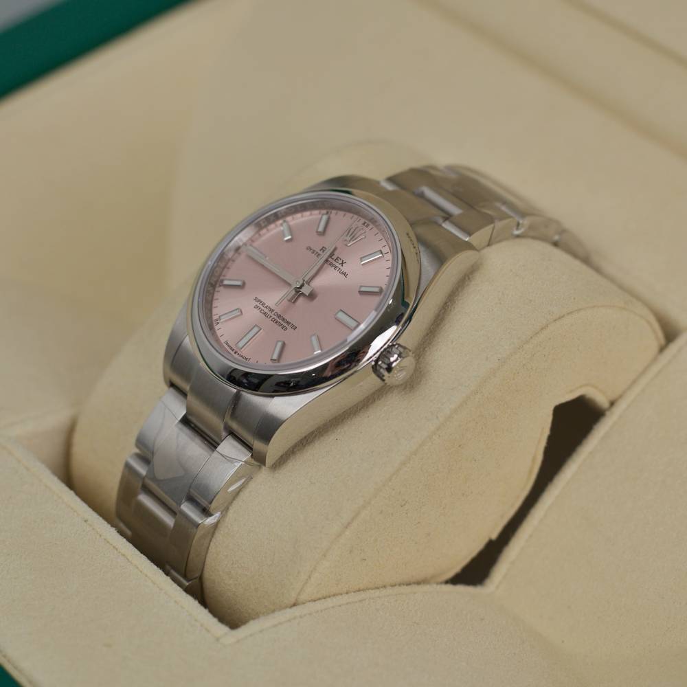 Rolex Oyster Perpetual 34mm - Ref: 124200-0004 - Pink Stick Dial, Stainless Steel Oyster Bracelet Watch