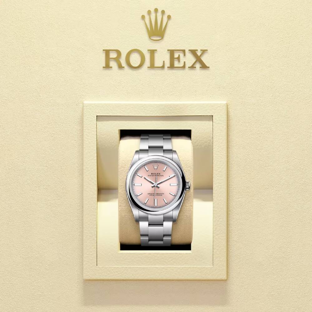 Rolex Oyster Perpetual 34mm - Ref: 124200-0004 - Pink Stick Dial, Stainless Steel Oyster Bracelet Watch