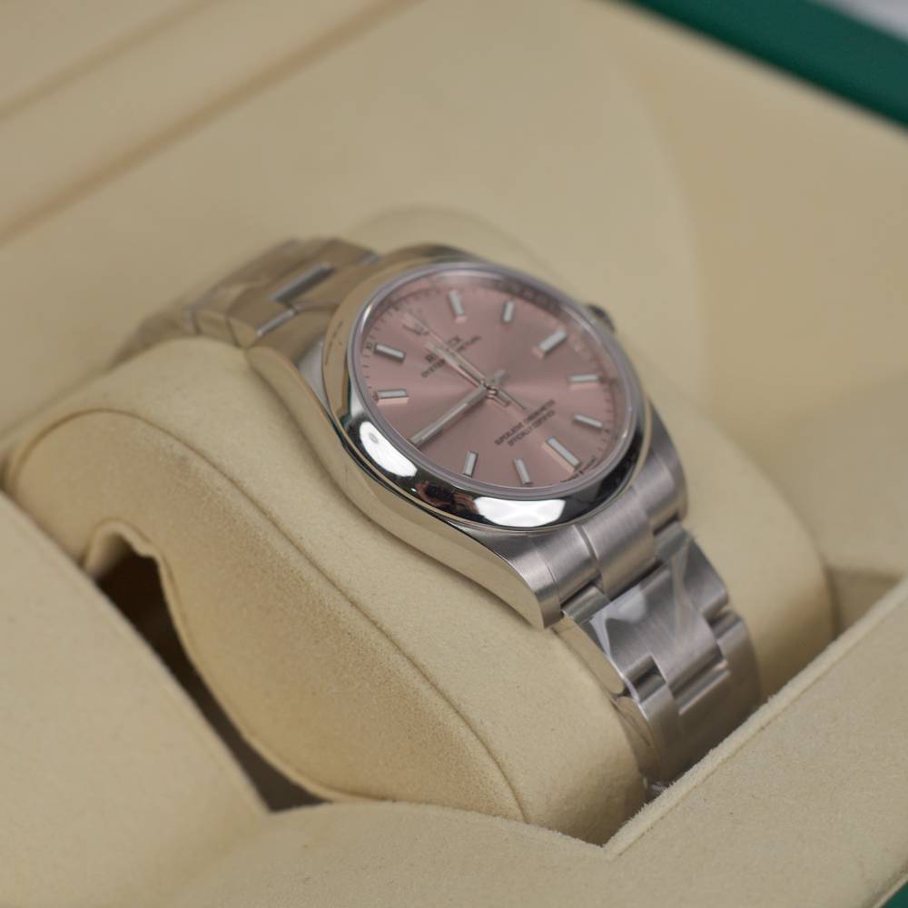 Rolex Oyster Perpetual 34mm - Ref: 124200-0004 - Pink Stick Dial, Stainless Steel Oyster Bracelet Watch