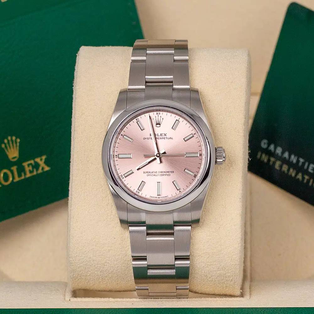 Rolex Oyster Perpetual 34mm - Ref: 124200-0004 - Pink Stick Dial, Stainless Steel Oyster Bracelet Watch