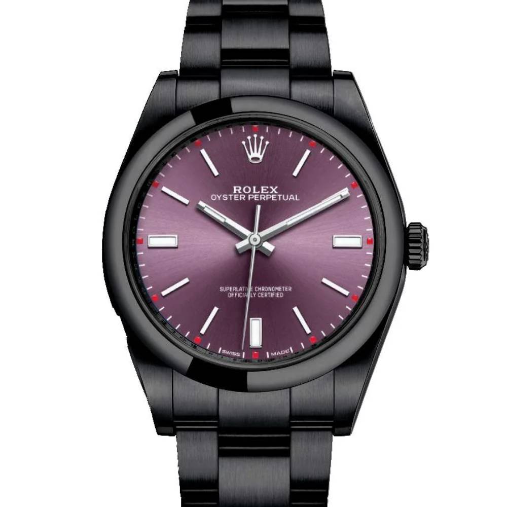 Rolex Oyster Perpetual 39mm - Ref: 114300-0002-pvd-2 - Red Grape Stick Dial, Black PVD Stainless Steel Oyster Bracelet Watch