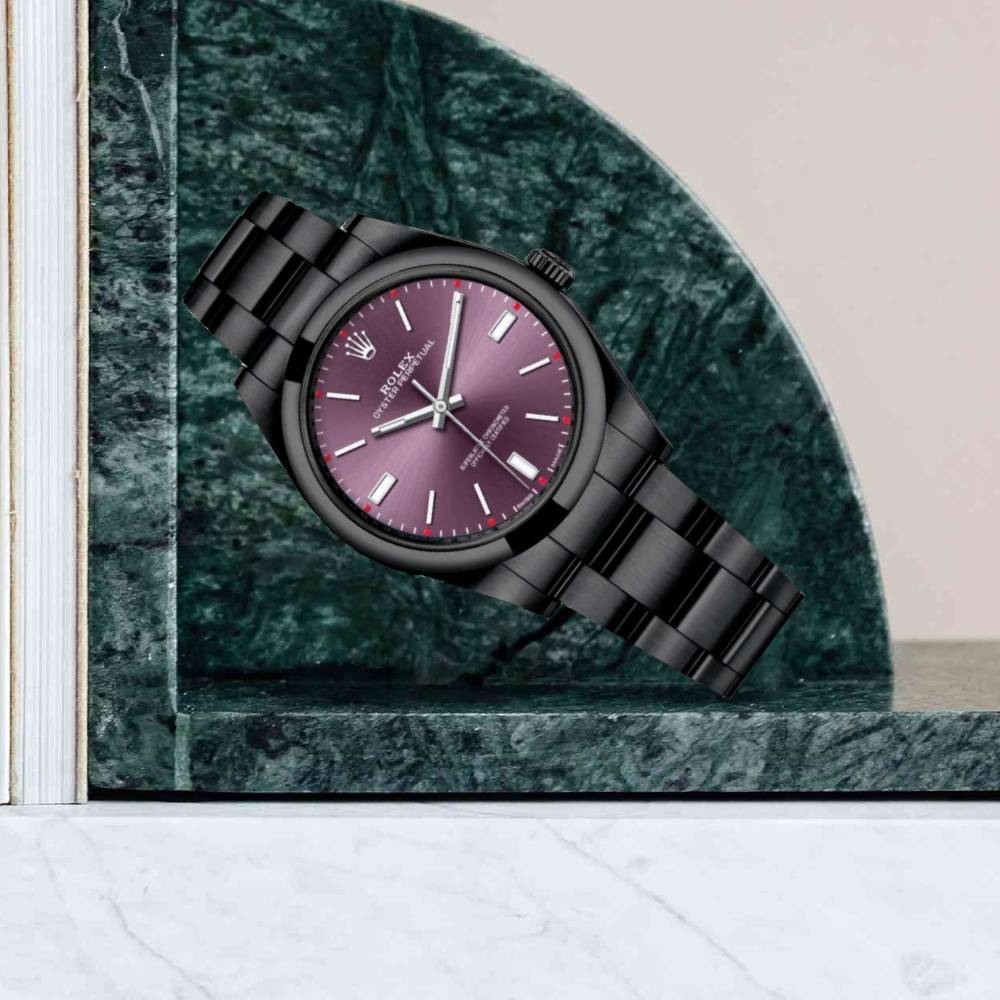 Rolex Oyster Perpetual 39mm - Ref: 114300-0002-pvd-2 - Red Grape Stick Dial, Black PVD Stainless Steel Oyster Bracelet Watch