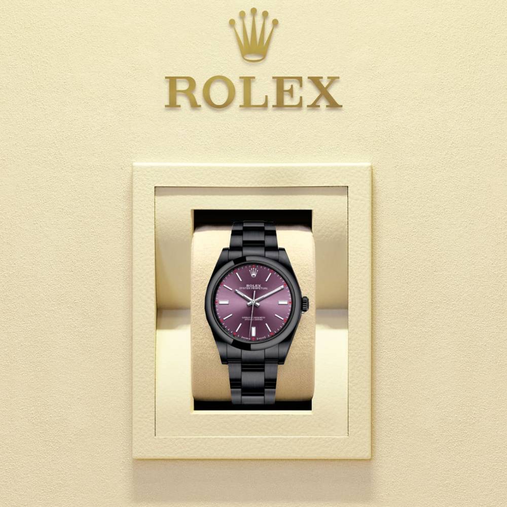 Rolex Oyster Perpetual 39mm - Ref: 114300-0002-pvd-2 - Red Grape Stick Dial, Black PVD Stainless Steel Oyster Bracelet Watch