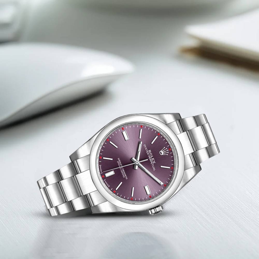 Rolex Oyster Perpetual 39mm - Ref: 114300-0002 - Red Grape Stick Dial, Stainless Steel Oyster Bracelet Watch