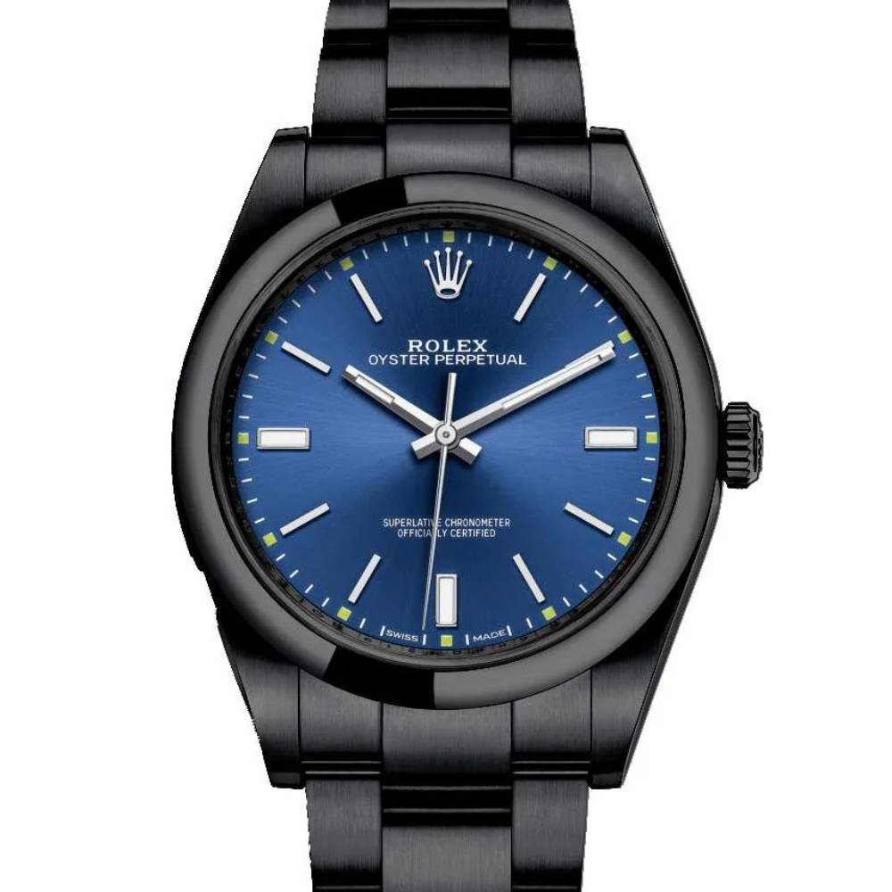 Rolex Oyster Perpetual 39mm - Ref: 114300-0003-pvd-2 - Blue Stick Dial, Black PVD Stainless Steel Oyster Bracelet Watch