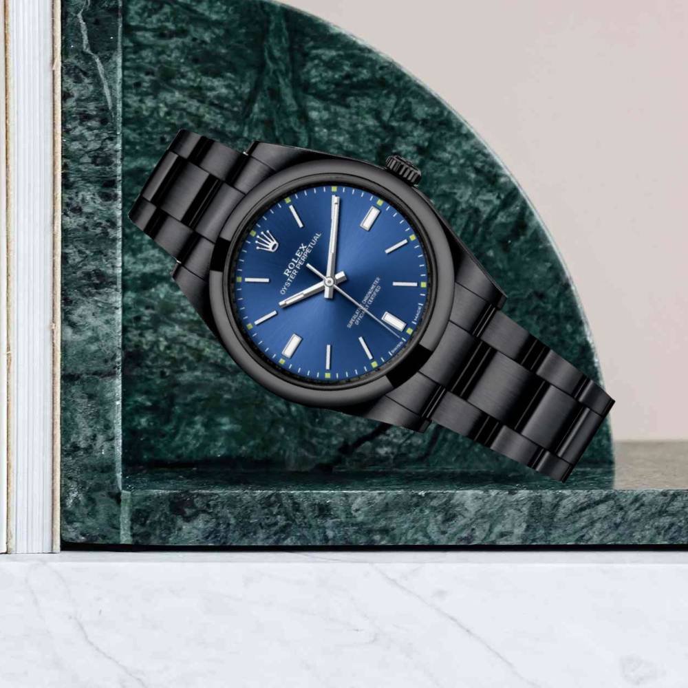 Rolex Oyster Perpetual 39mm - Ref: 114300-0003-pvd-2 - Blue Stick Dial, Black PVD Stainless Steel Oyster Bracelet Watch