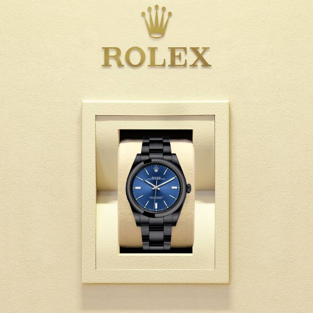 Rolex Oyster Perpetual 39mm - Ref: 114300-0003-pvd-2 - Blue Stick Dial, Black PVD Stainless Steel Oyster Bracelet Watch