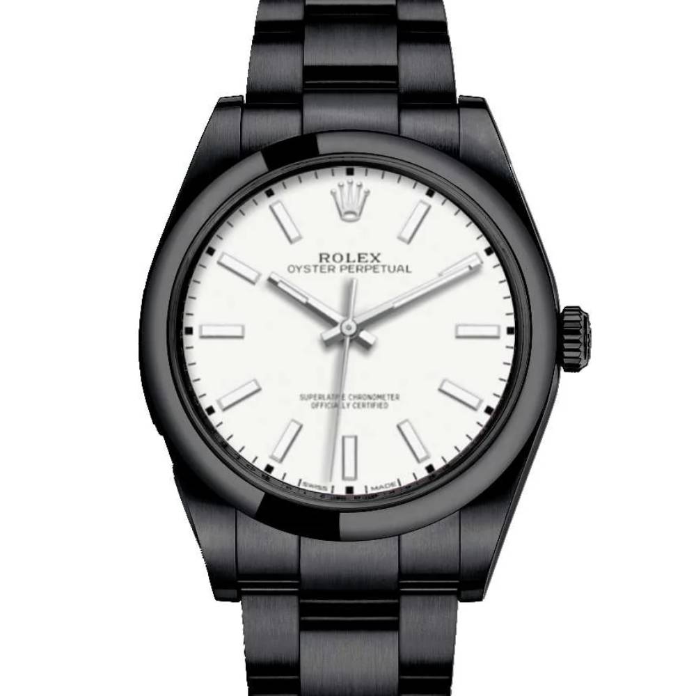 Rolex Oyster Perpetual 39mm - Ref: 114300-0004-pvd-2 - White Stick Dial, Black PVD Stainless Steel Oyster Bracelet Watch