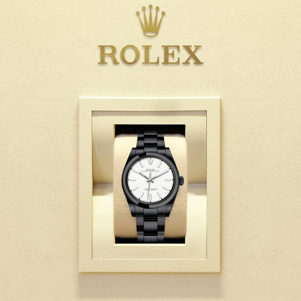 Rolex Oyster Perpetual 39mm - Ref: 114300-0004-pvd-2 - White Stick Dial, Black PVD Stainless Steel Oyster Bracelet Watch