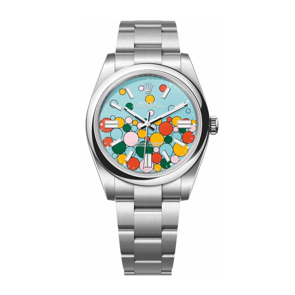Rolex Oyster Perpetual "Bubbles" 41mm - Ref: 124300 - Turquoise Blue Celebration Motif Dial, Stainless Steel Oyster Bracelet Men's Watch
