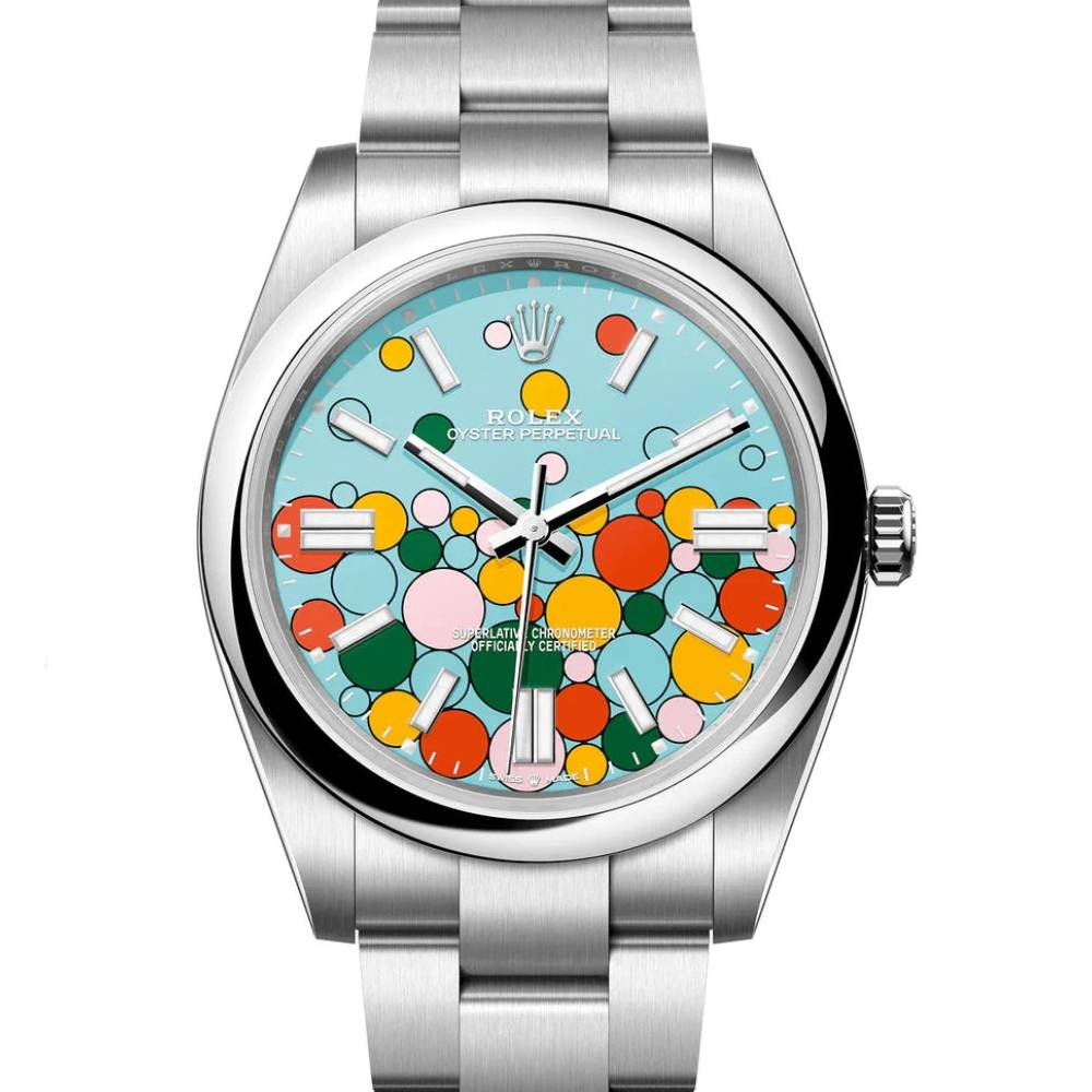 Rolex Oyster Perpetual "Bubbles" 41mm - Ref: 124300 - Turquoise Tiffany Blue Celebration Motif Dial, Stainless Steel Oyster Bracelet Men's Watch