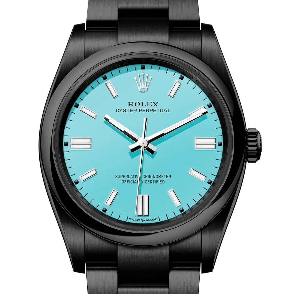 Rolex Oyster Perpetual "Tiffany" 36mm | Black PVD Stainless steel bracelet | Turquoise blue dial Smooth bezel | Men's Watch 126000-0006-pvd-2