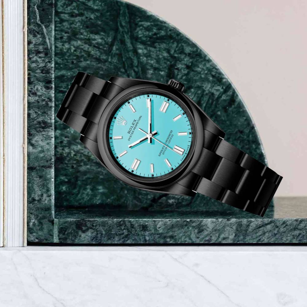 Rolex Oyster Perpetual "Tiffany" 36mm | Black PVD Stainless steel bracelet | Turquoise blue dial Smooth bezel | Men's Watch 126000-0006-pvd-2