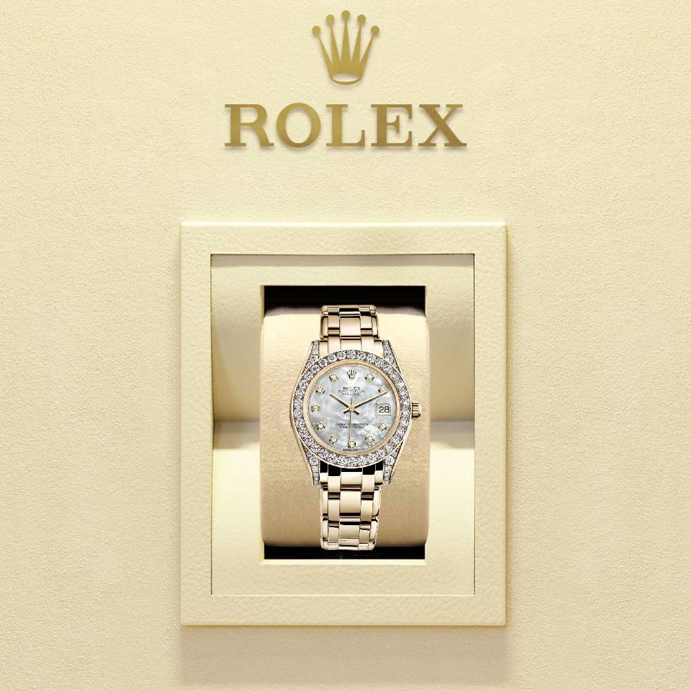 Rolex Pearlmaster 34mm - Ref: 81158-0001 - White mother of Pearl Diamond Dial, Diamond Bezel & Diamond Case, 18K Yellow Gold Bracelet Women's Watch