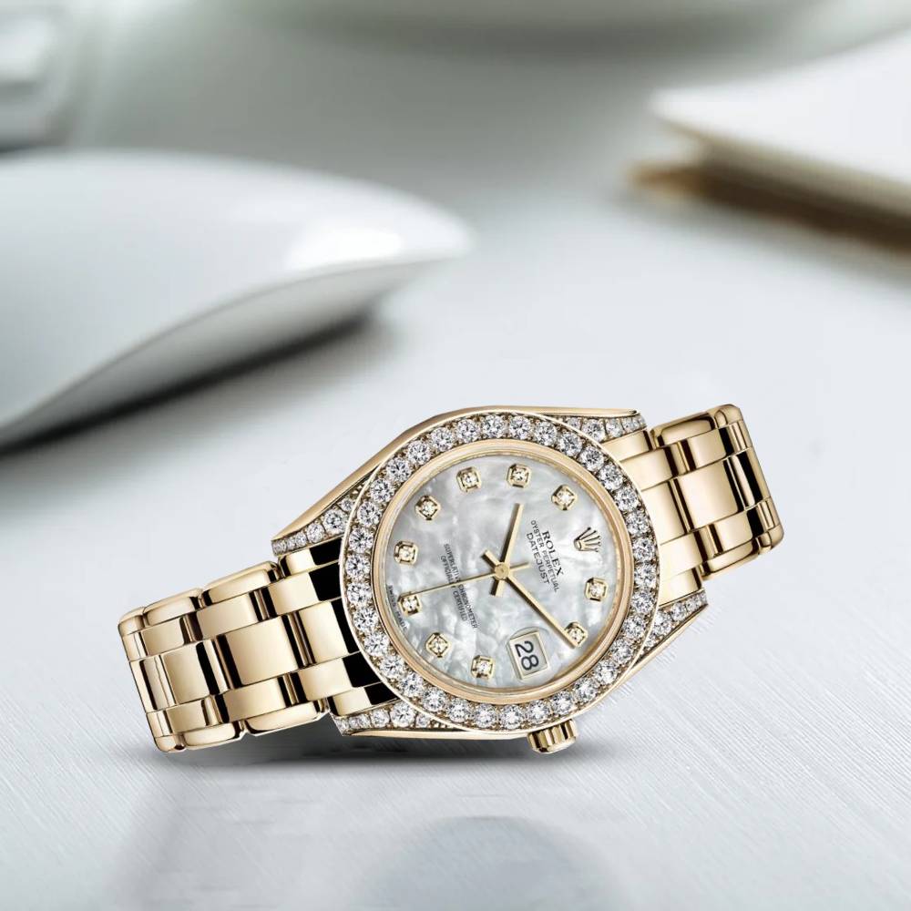 Rolex Pearlmaster 34mm - Ref: 81158-0001 - White mother of Pearl Diamond Dial, Diamond Bezel & Diamond Case, 18K Yellow Gold Bracelet Women's Watch