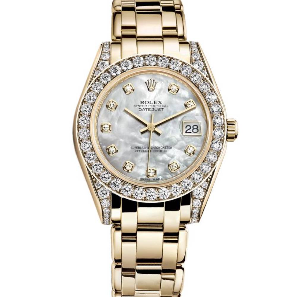 Rolex Pearlmaster 34mm - Ref: 81158-0001 - White mother of Pearl Diamond Dial, Diamond Bezel & Diamond Case, 18K Yellow Gold Bracelet Women's Watch