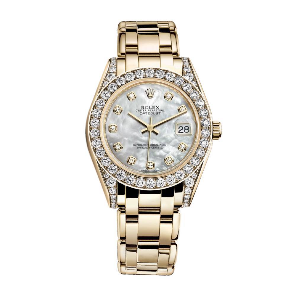 Rolex Pearlmaster 34mm - Ref: 81158-0001 - White mother of Pearl Diamond Dial, Diamond Bezel & Diamond Case, 18K Yellow Gold Bracelet Women's Watch